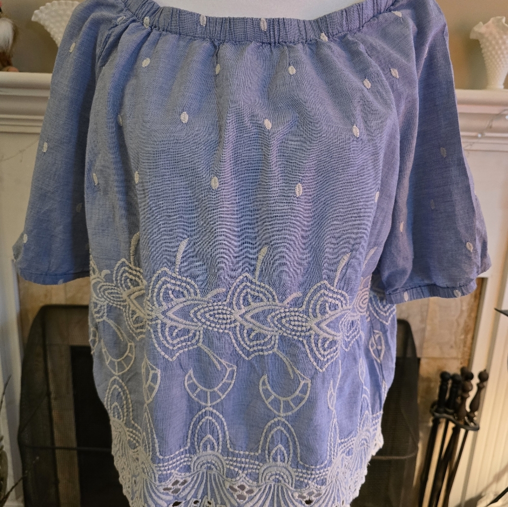 Blue Talbots LP Machine Embroidered Blouse